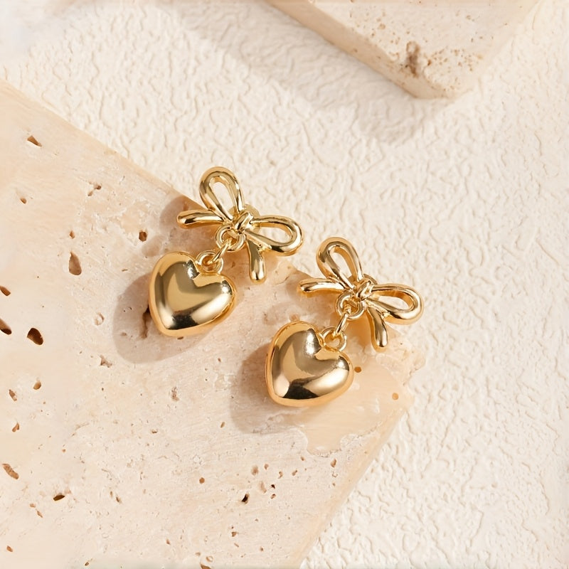 Bowed in Love Delicate Heart Dangle Earrings with Vintage Vibe