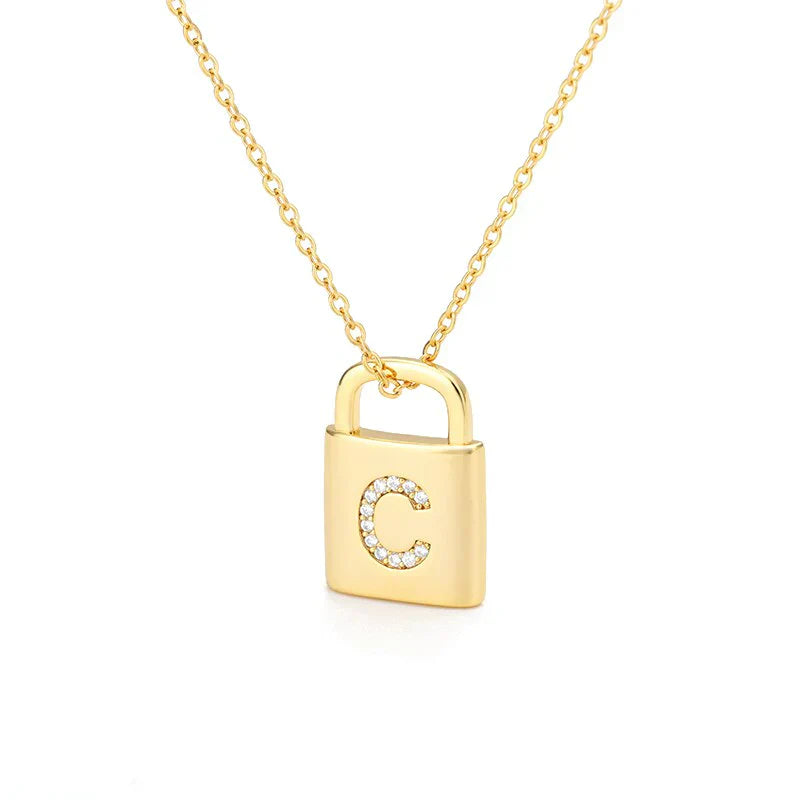 Gold Initial Lock Pendant Necklace