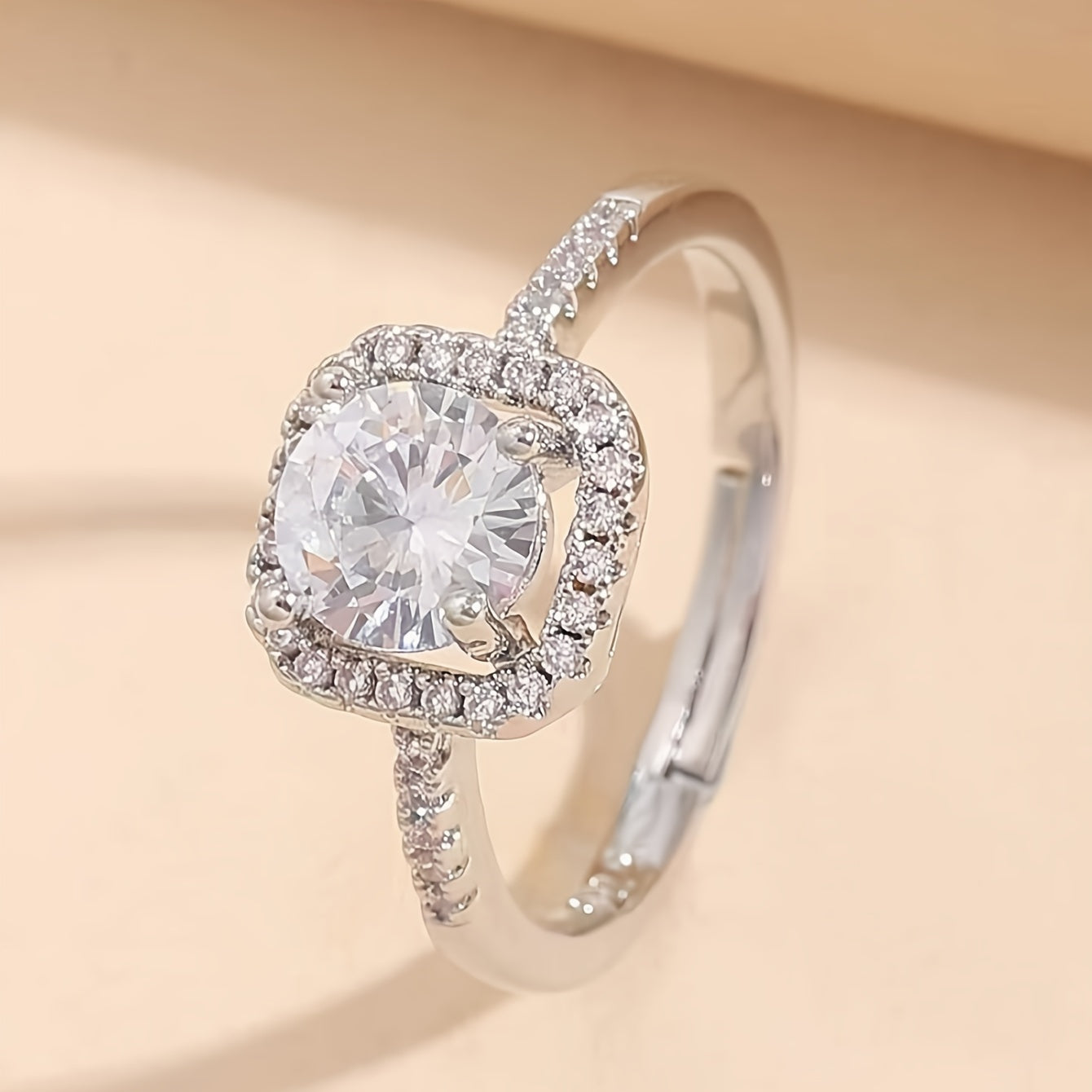 Elegant Adjustable Square White Gold-Plated Ring with Synthetic Zirconia