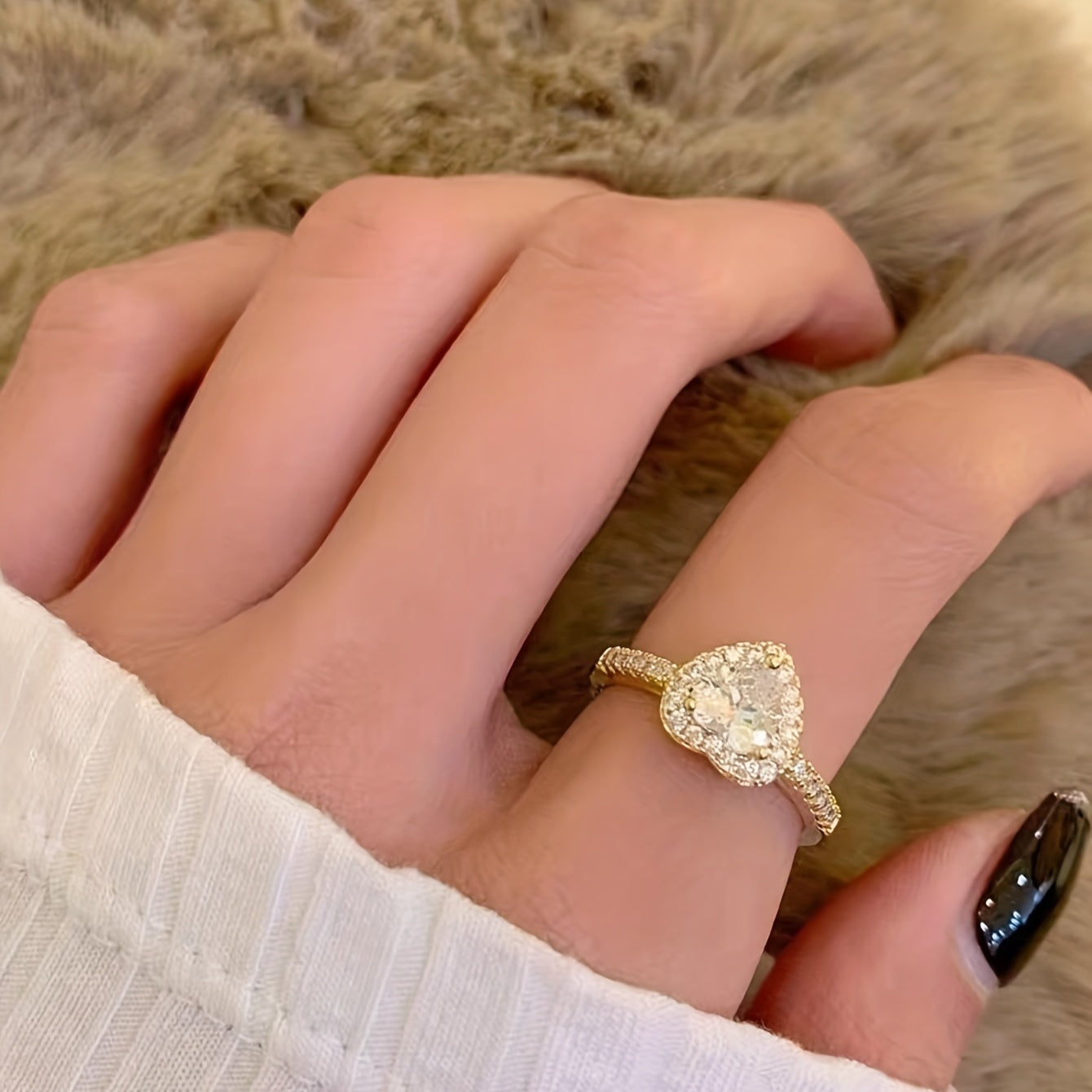 Gold Plated Curved Ring with Dazzling Zircon Charm