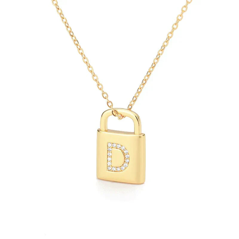 Gold Initial Lock Pendant Necklace