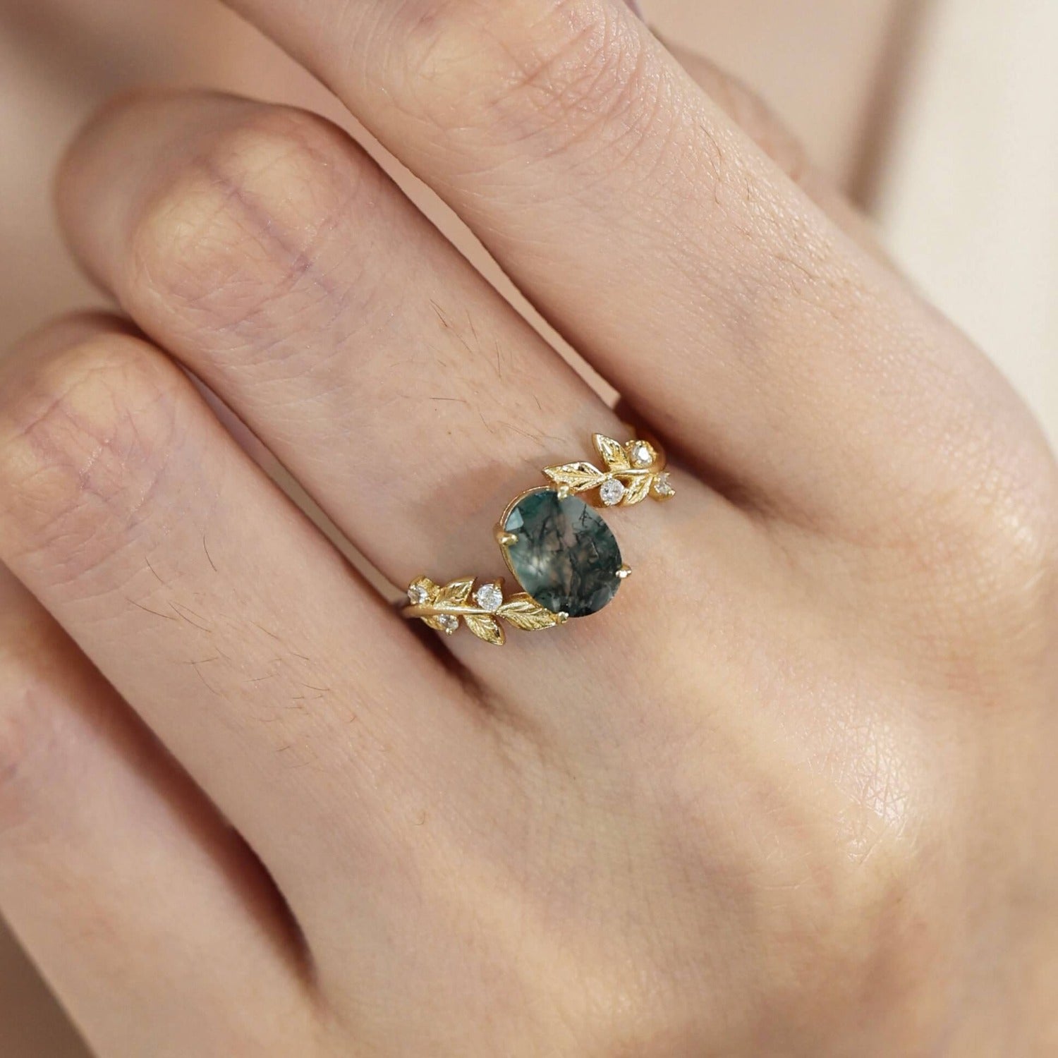 Natural moss agate ring - “Between the leaves” design