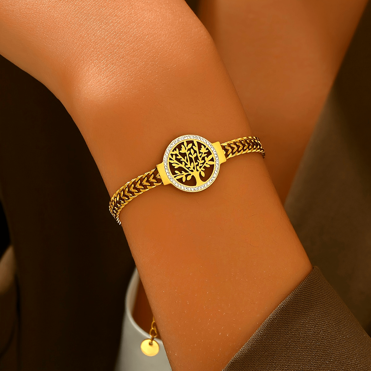 Elegant 14K gold-plated stainless steel bracelet with tree of life
