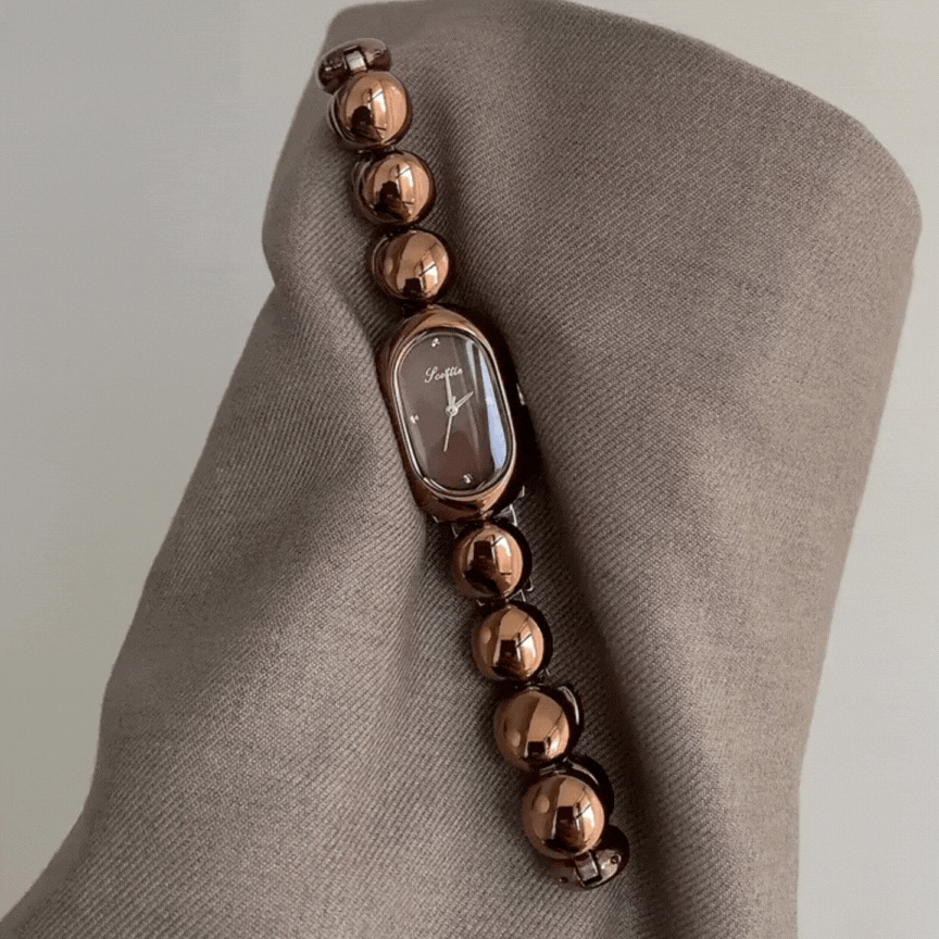 Beaded Bracelet Quartz Watch for Women – Oval Brown Dial & Timeless Style