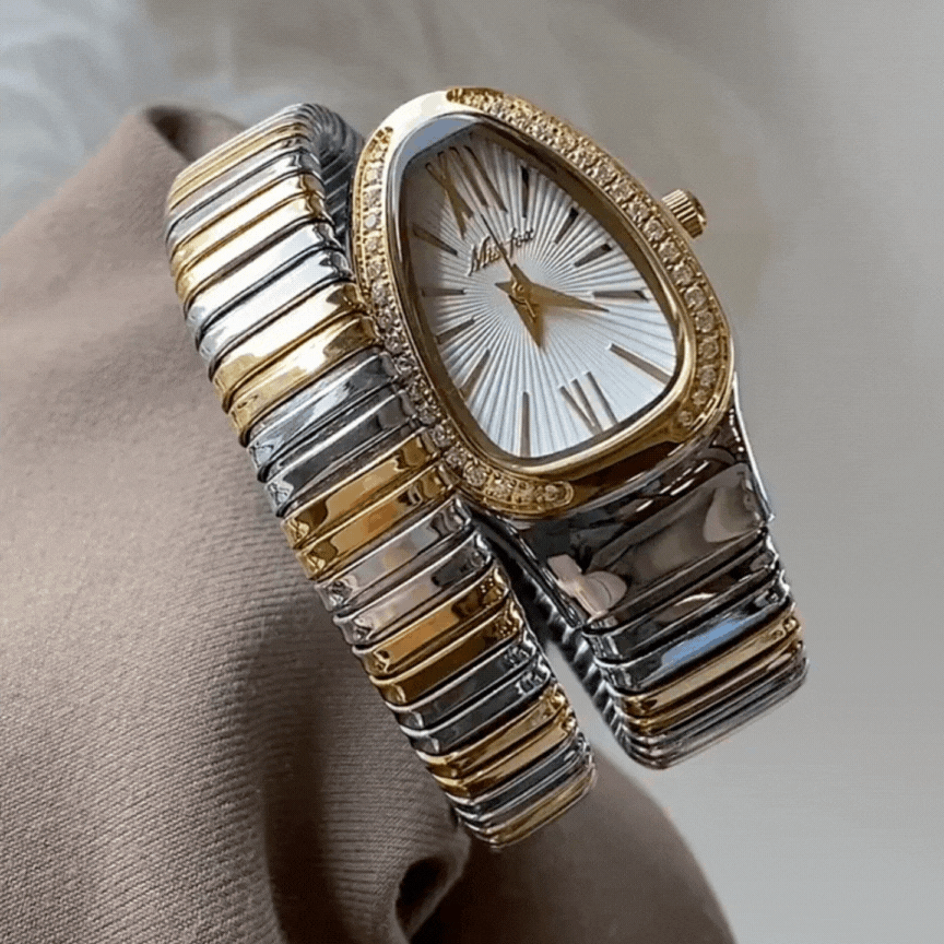Two-Tone Silver & Gold Bracelet Watch – White Serpenti Dial with Gold Case