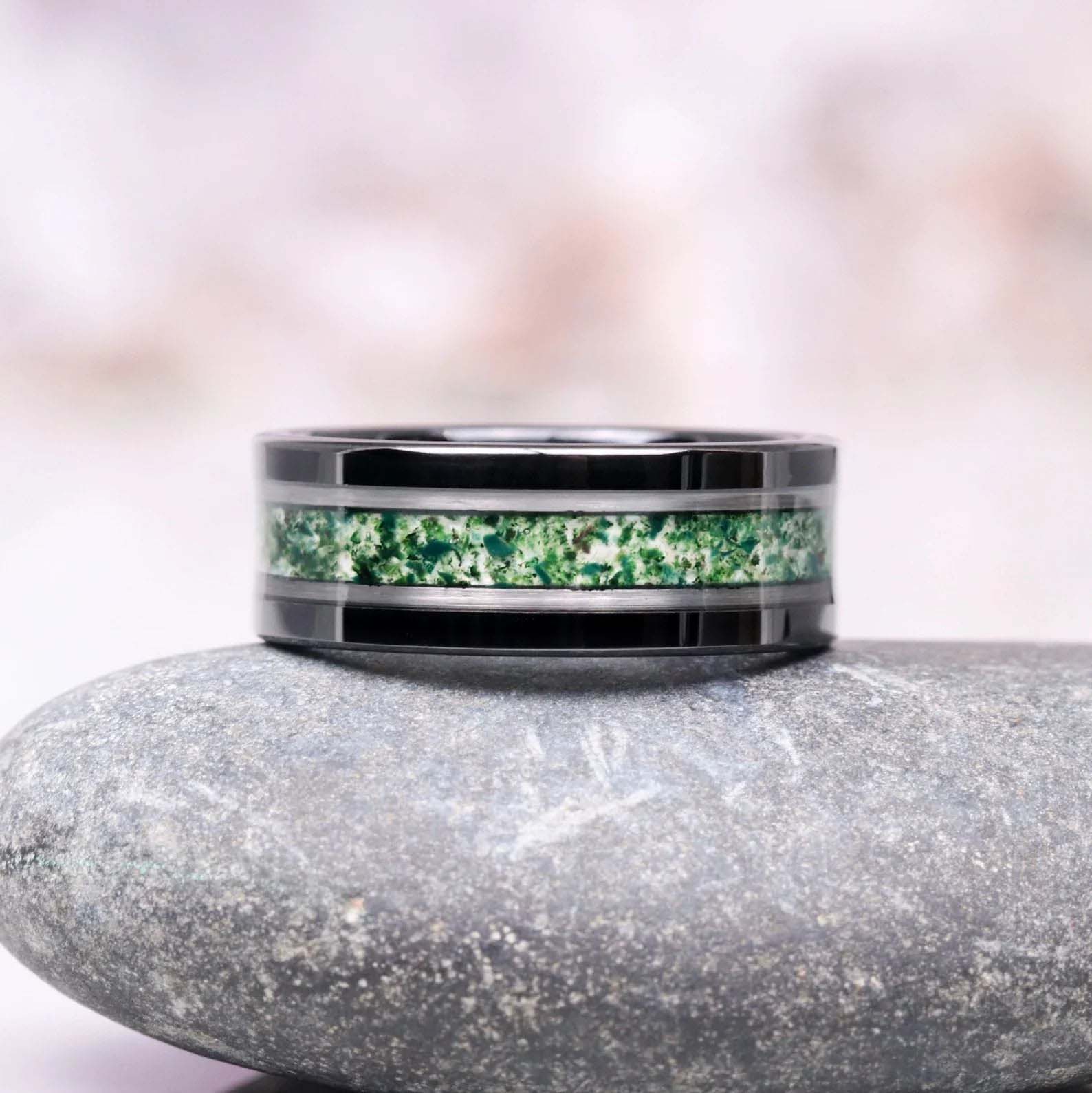 His & Hers Skye wedding rings - rings made from green moss agate