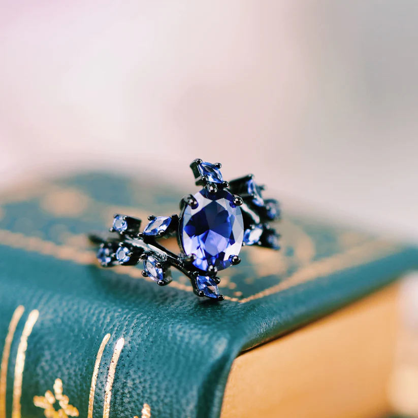 Partner ring set - cornflower sapphire & galaxy black