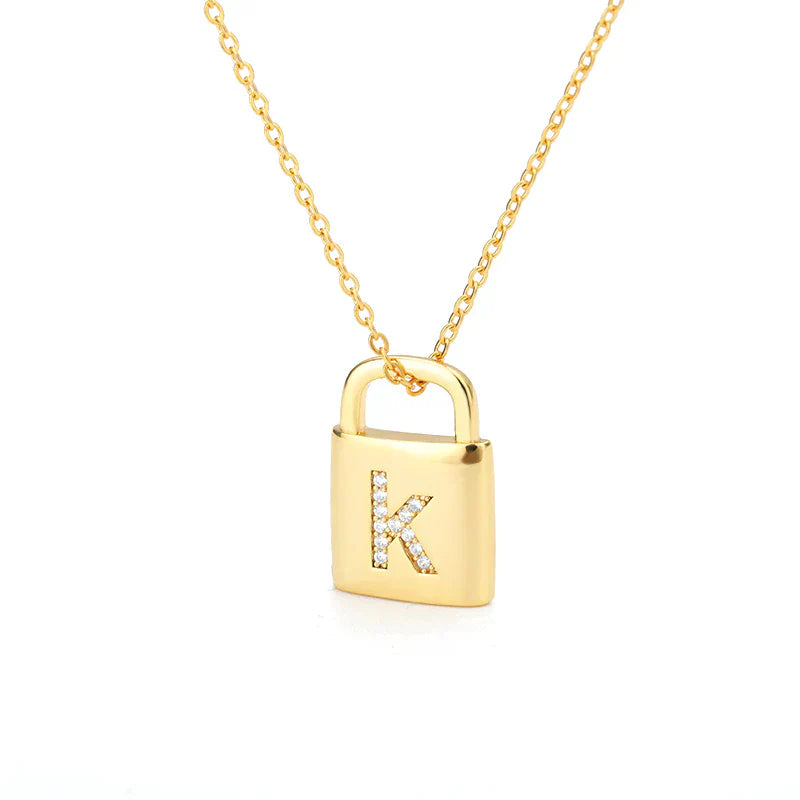 Gold Initial Lock Pendant Necklace