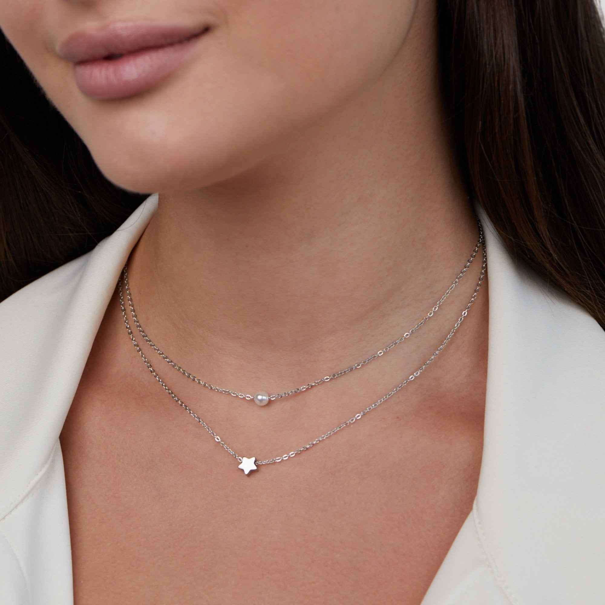 Multi-layered Silver Star and Pearl Necklace