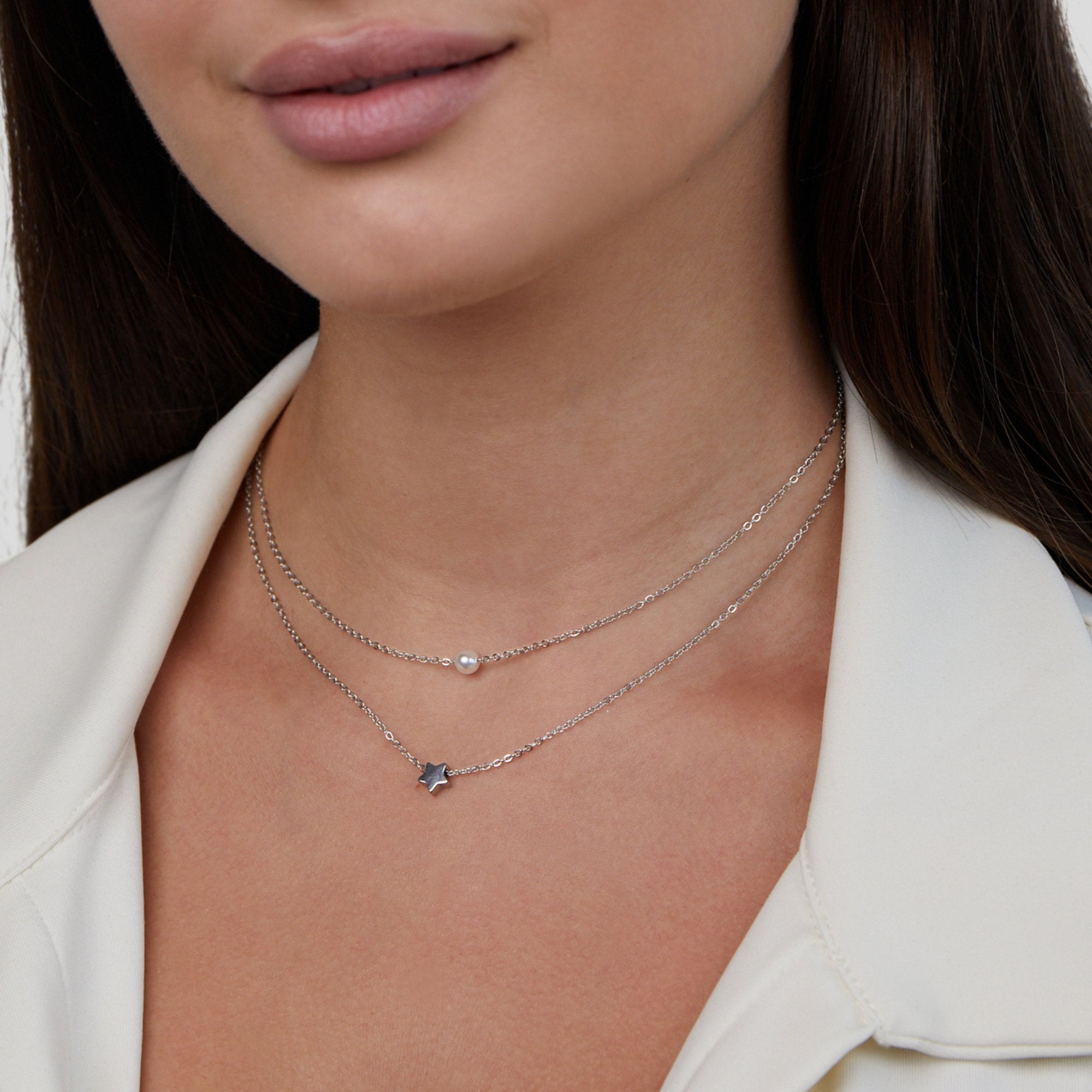 Multi-layered Silver Star and Pearl Necklace