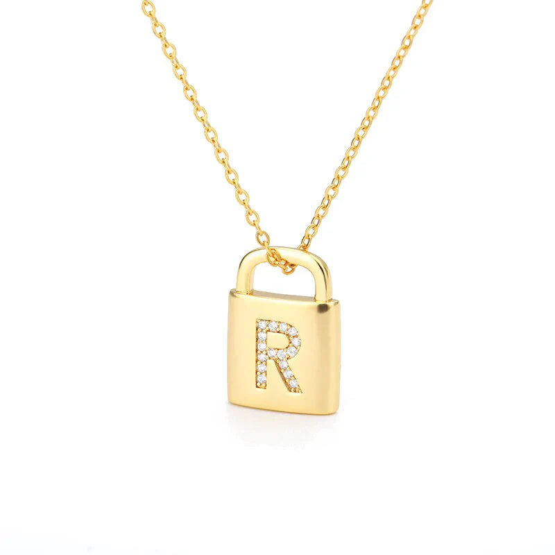 Gold Initial Lock Pendant Necklace