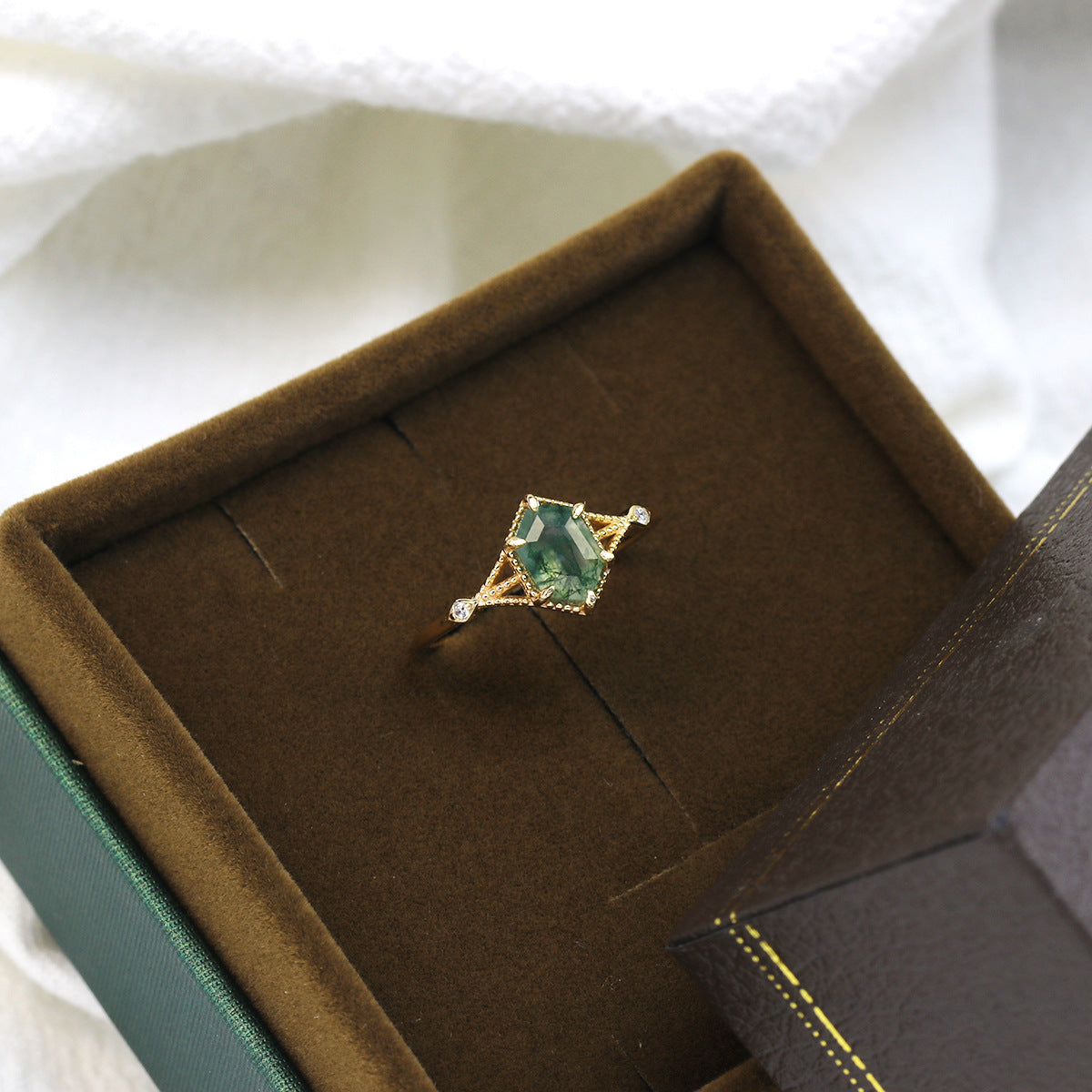 Elegant ring with natural green moss agate