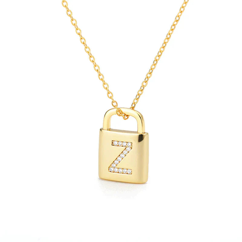 Gold Initial Lock Pendant Necklace