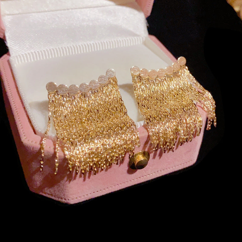 Long earrings with curved bar and tassel