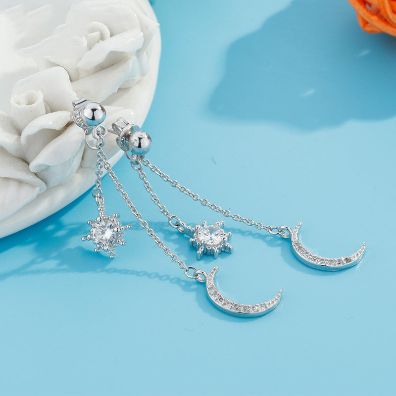 Boho Crescent Moon Earrings in Silver with Zirconia Accents