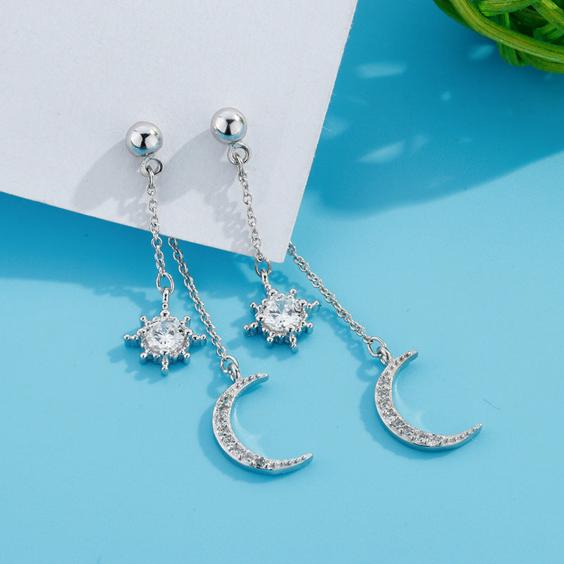 Boho Crescent Moon Earrings in Silver with Zirconia Accents