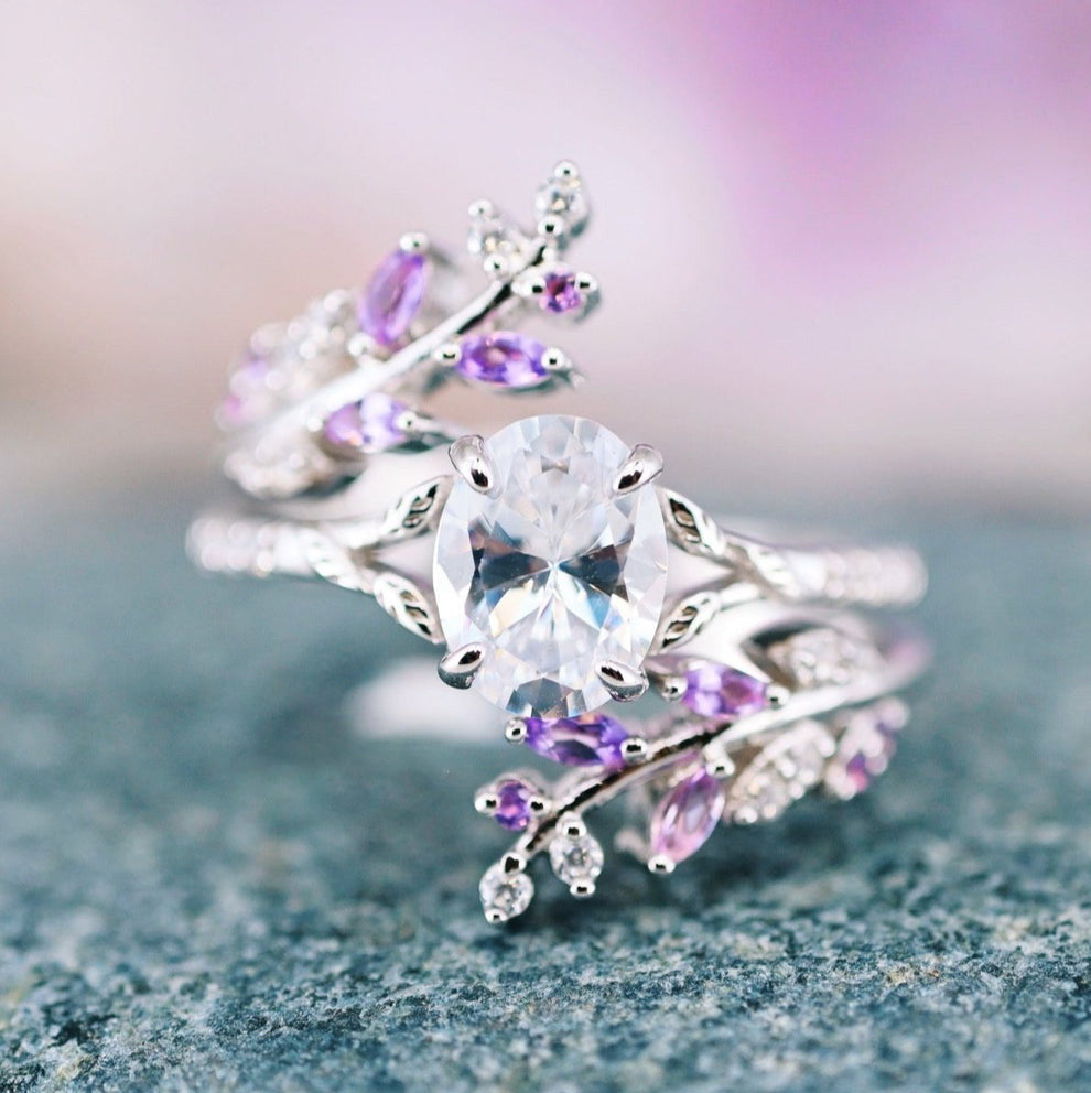 Fairy-inspired amethyst & diamond leaf engagement ring set - 925 Sterling silver