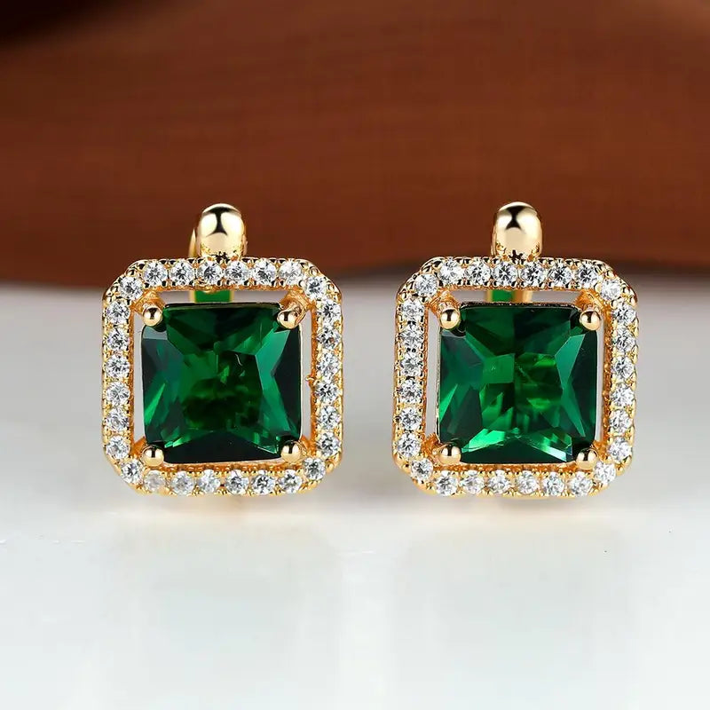 Golden Green Square Cubic Zirconia Earrings | Gold