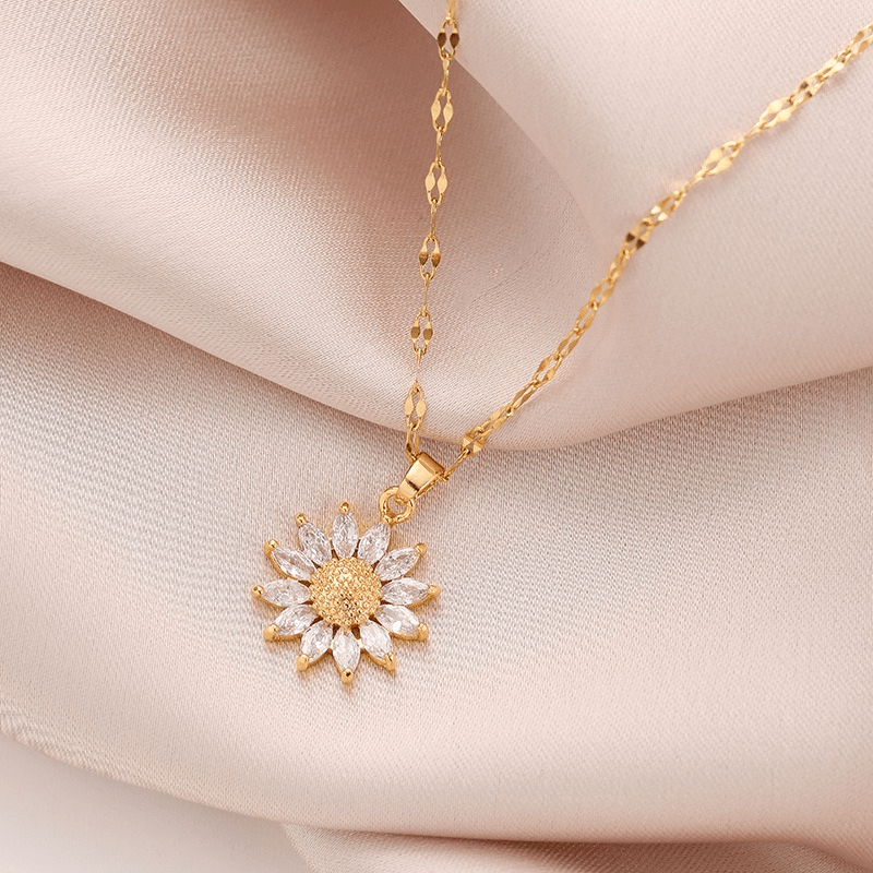 Delicate Sunflower Necklace with Golden Glow and Crystal Light