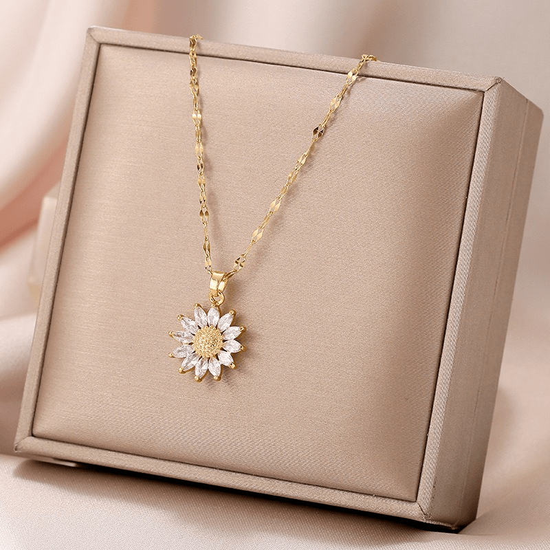 Delicate Sunflower Necklace with Golden Glow and Crystal Light