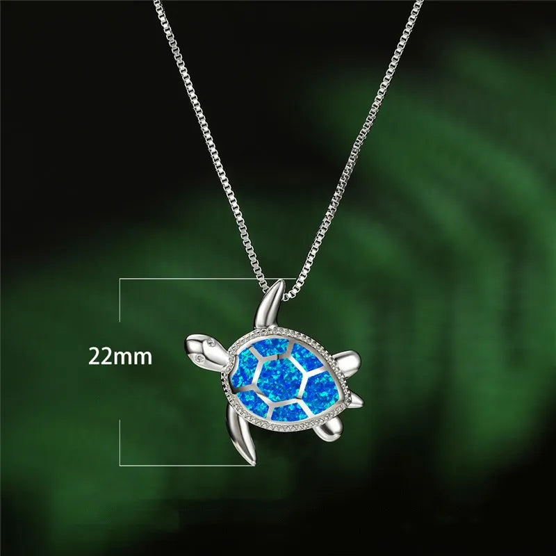 Blue Opal Turtle Pendant Necklace in Sterling Silver