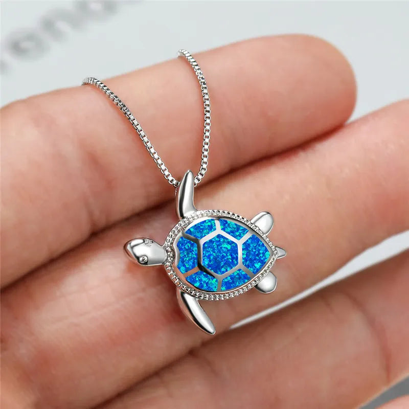 Blue Opal Turtle Pendant Necklace in Sterling Silver