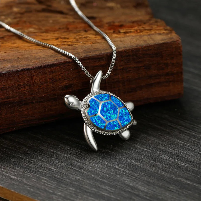 Blue Opal Turtle Pendant Necklace in Sterling Silver