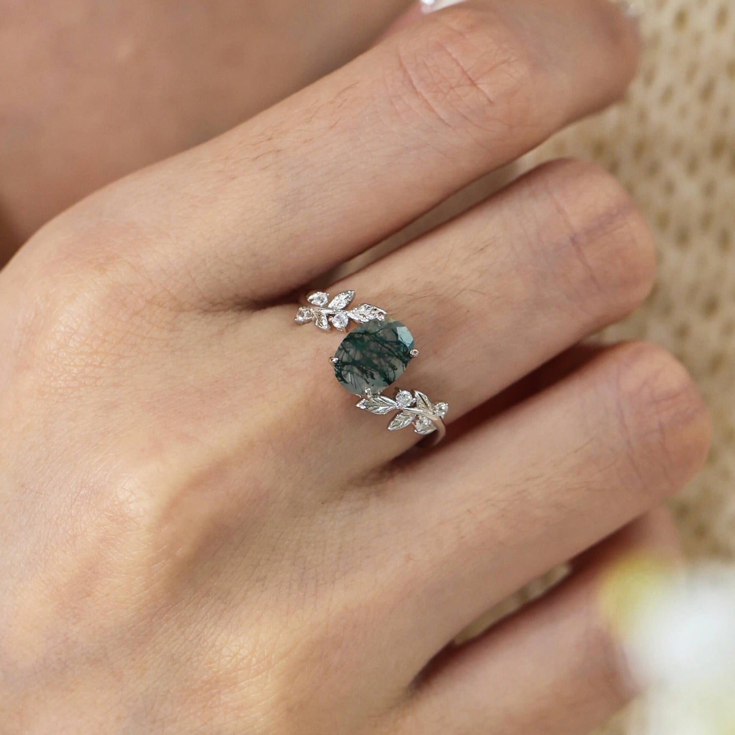 Natural moss agate ring - “Between the leaves” design