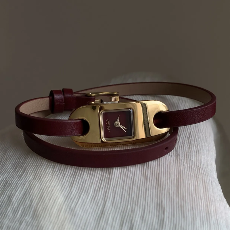 Ankara Red Timepiece – Gold Dial Quartz Watch with Double-Wrap Leather Strap