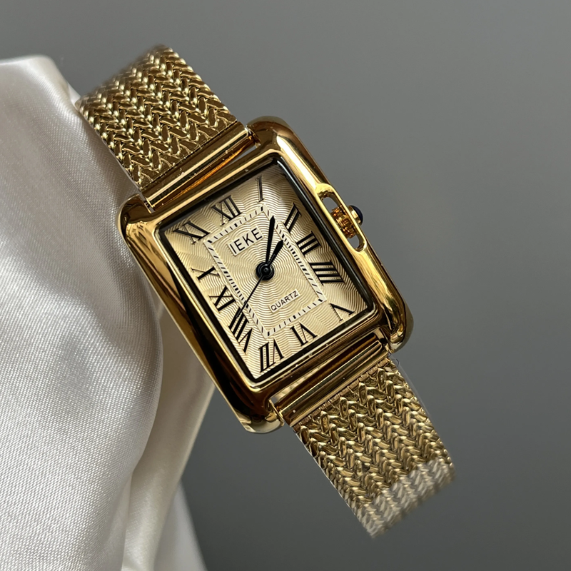 Square Gold Dial Women’s Watch – Roman Numerals & Wheat Motif Bracelet