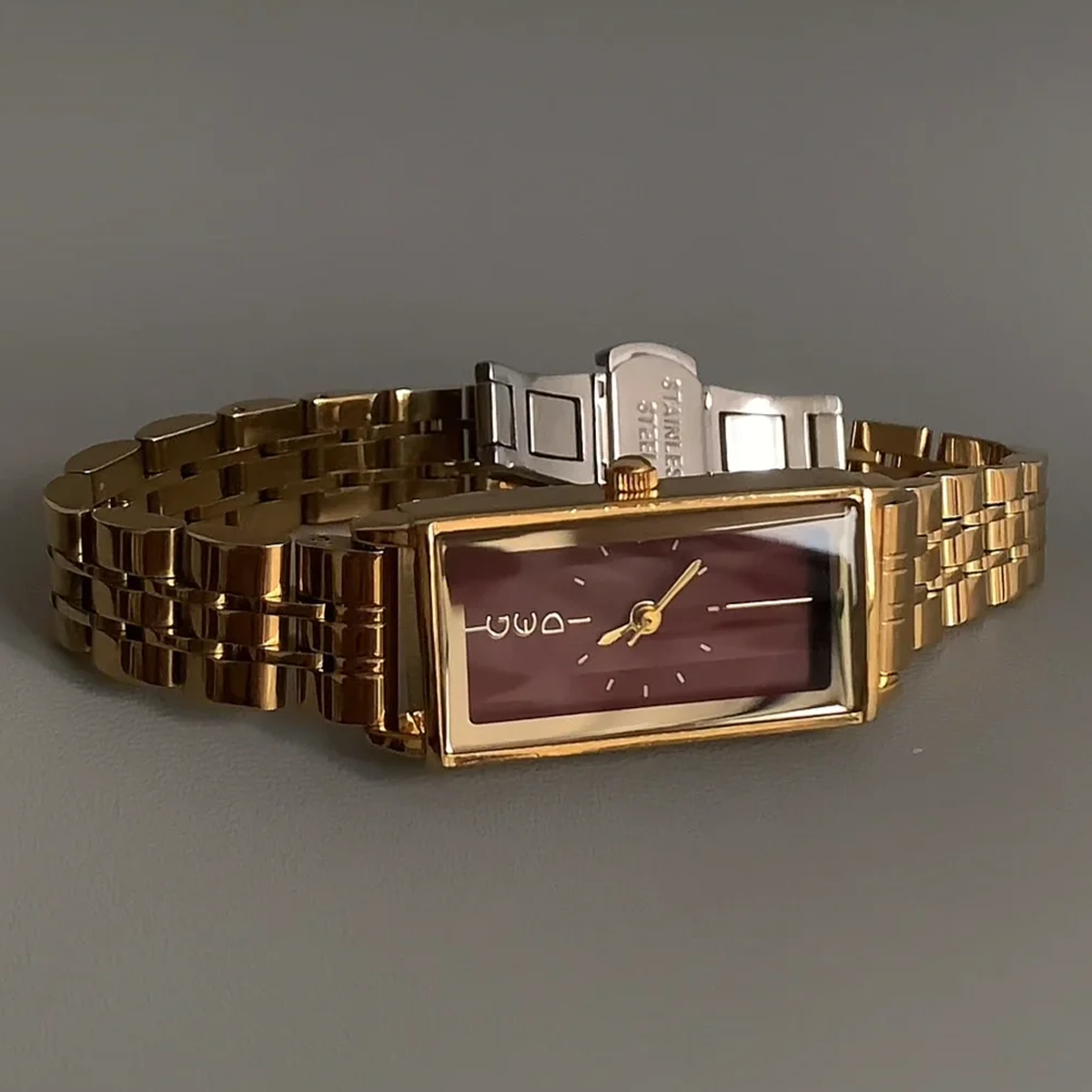 Luxury Rectangle – Angora Red Dial Watch with Gold-Tone Steel Bracelet