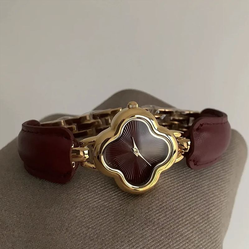 Angora Red Timepiece – Clover Charm Watch with Red Leather Strap