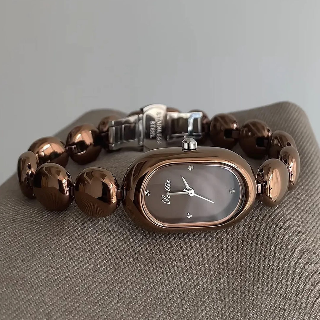 Beaded Bracelet Quartz Watch for Women – Oval Brown Dial & Timeless Style