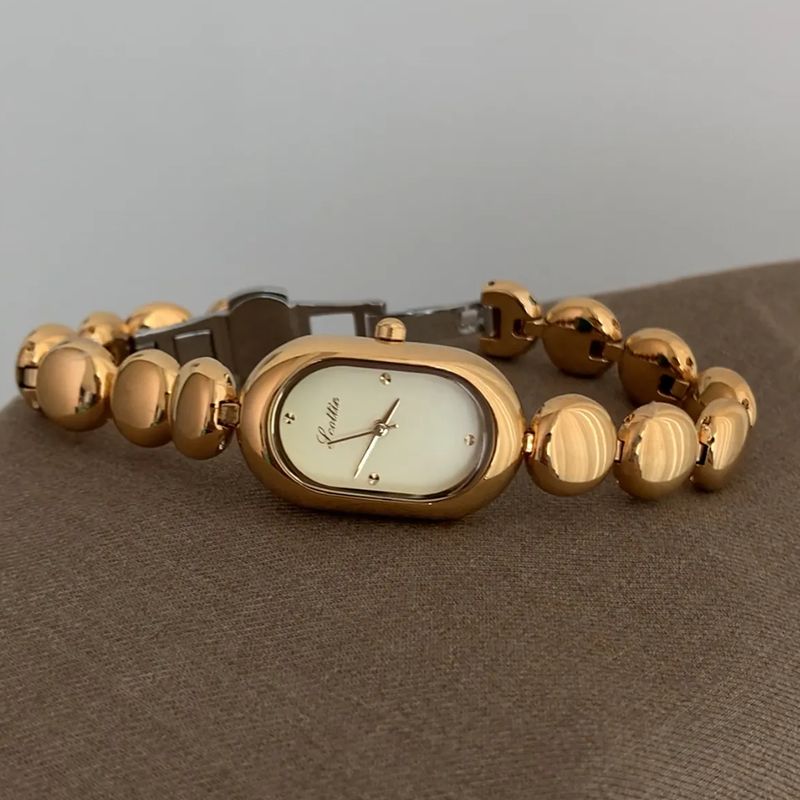 Gold Beaded Bracelet Watch – Women’s Quartz with Oval Dial & Gold Case