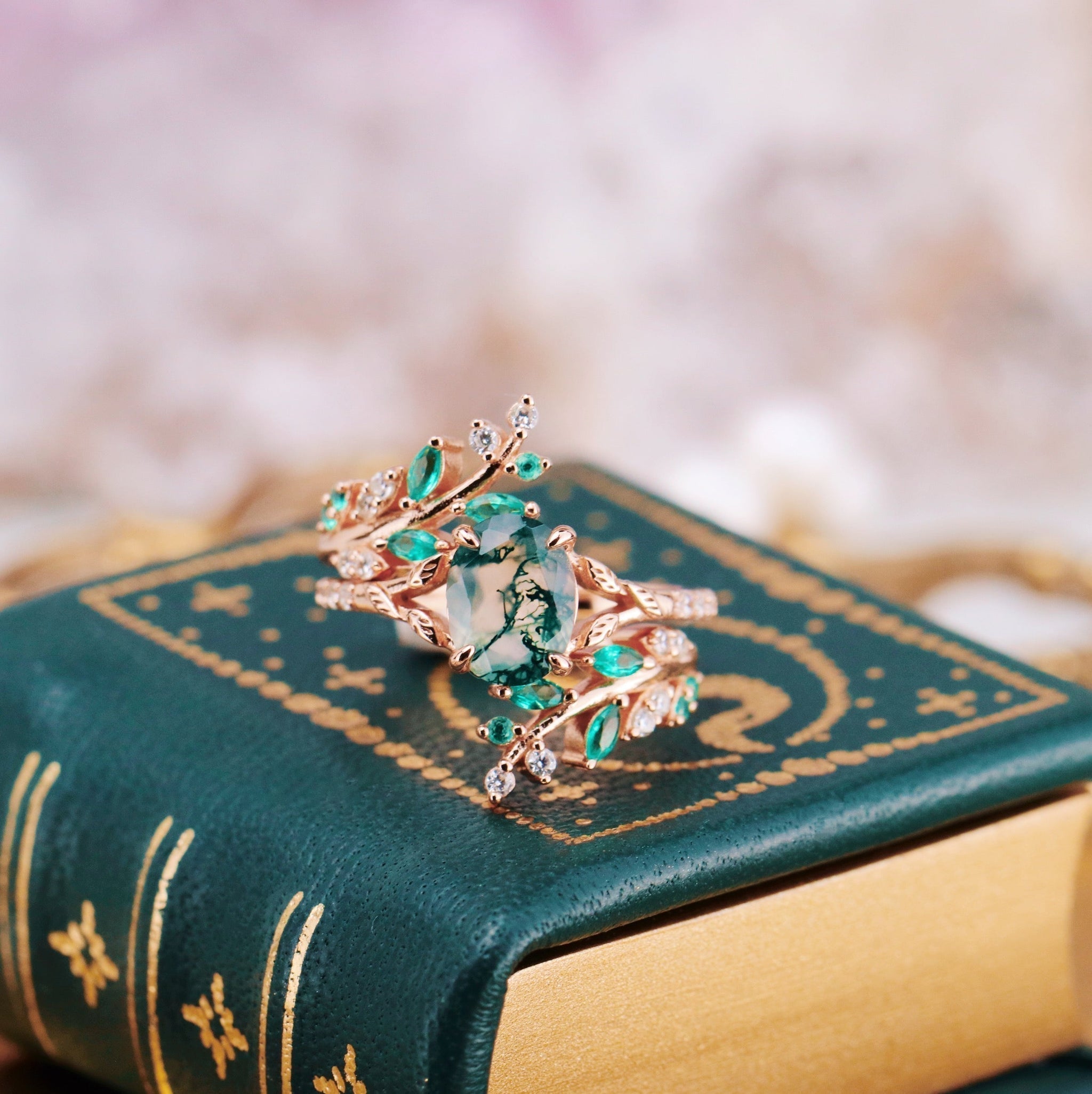 Green fire opal and moss agate ring - a natural piece of jewelry for couples