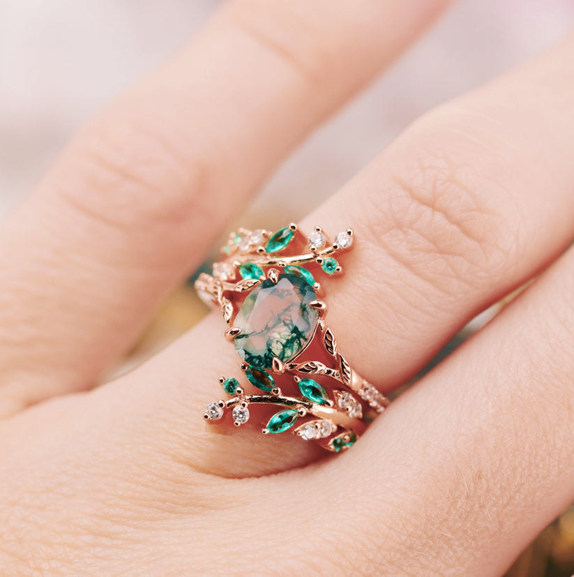 Green fire opal and moss agate ring - a natural piece of jewelry for couples