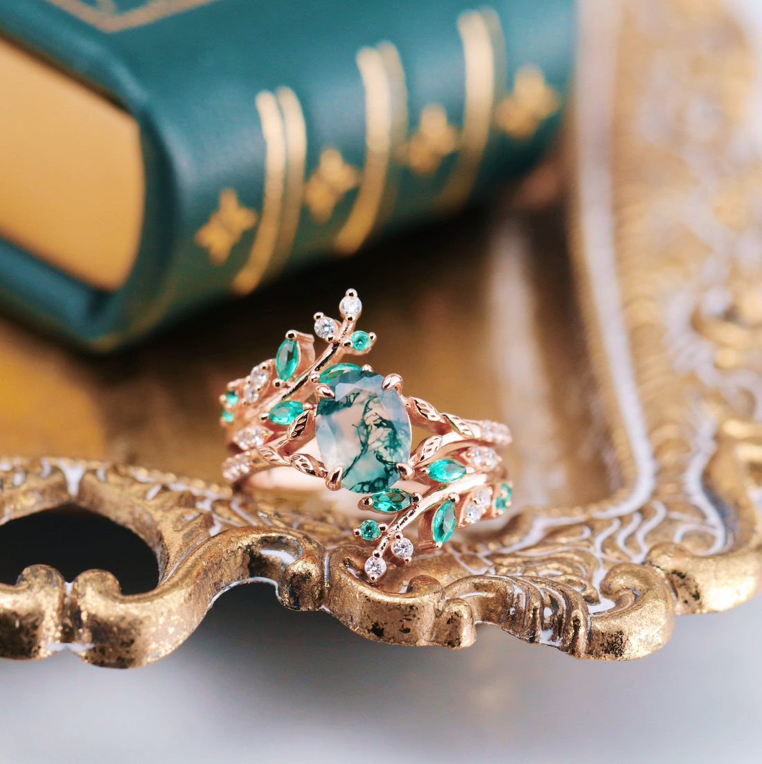 Green fire opal and moss agate ring - a natural piece of jewelry for couples