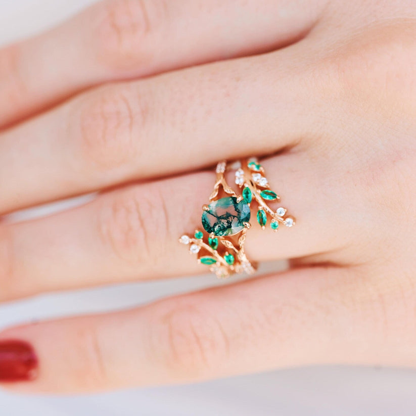 Green fire opal and moss agate ring - a natural piece of jewelry for couples