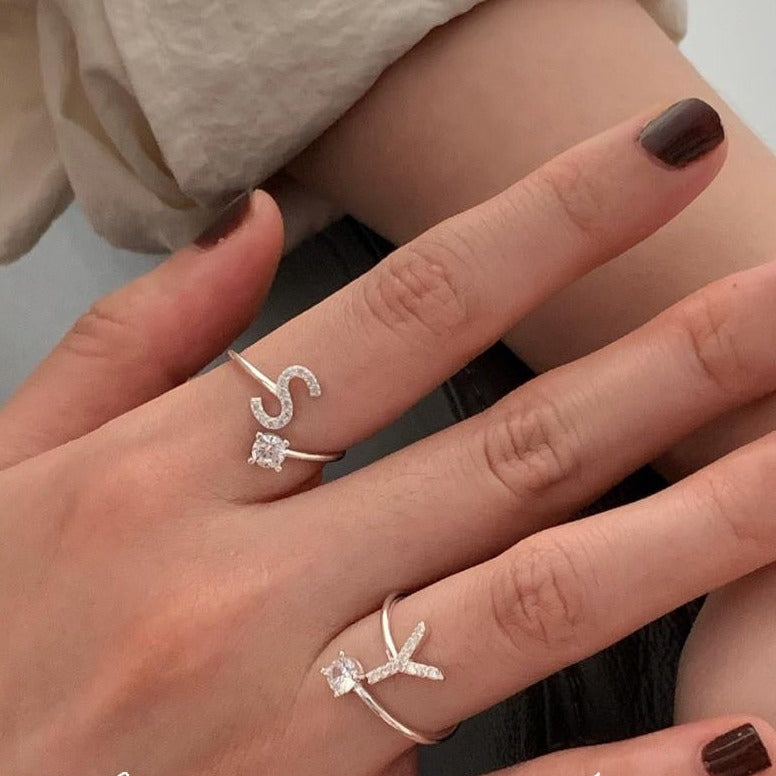 Zirconia letter sterling silver ring