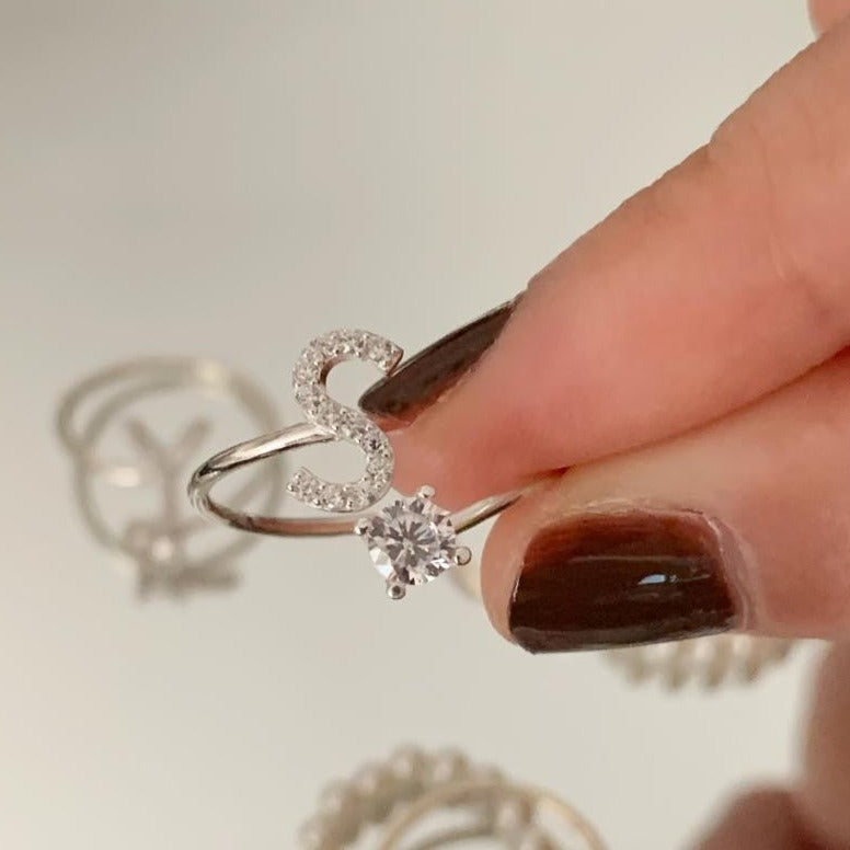 Zirconia letter sterling silver ring