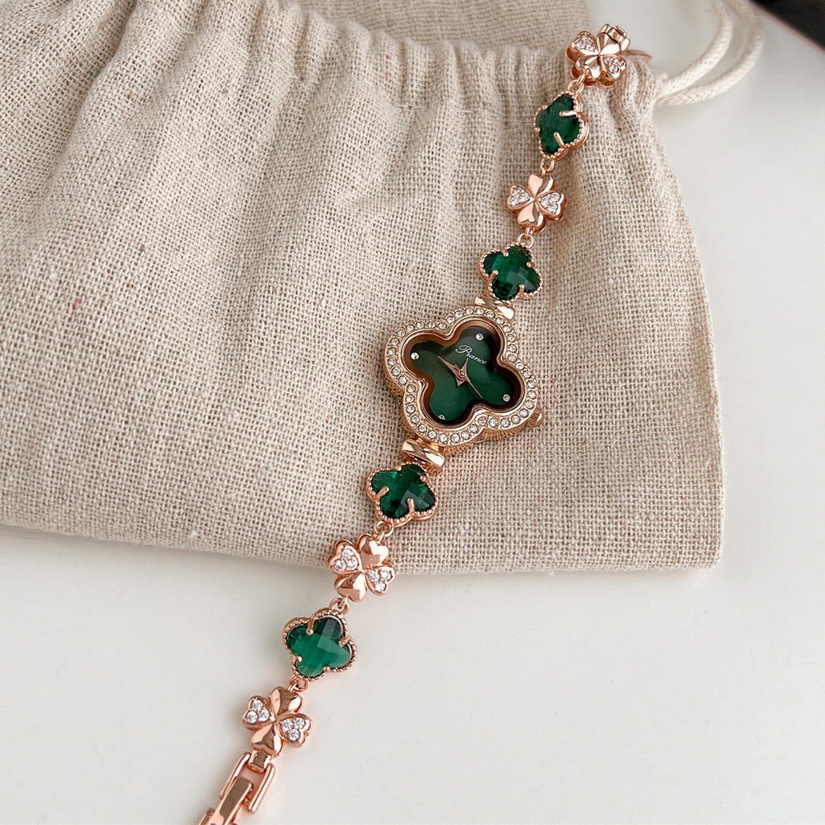 Green Clover Bracelet Watch – Rose Gold with Zirconia Accents