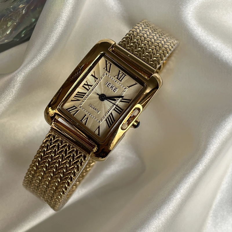 Square Gold Dial Women’s Watch – Roman Numerals & Wheat Motif Bracelet