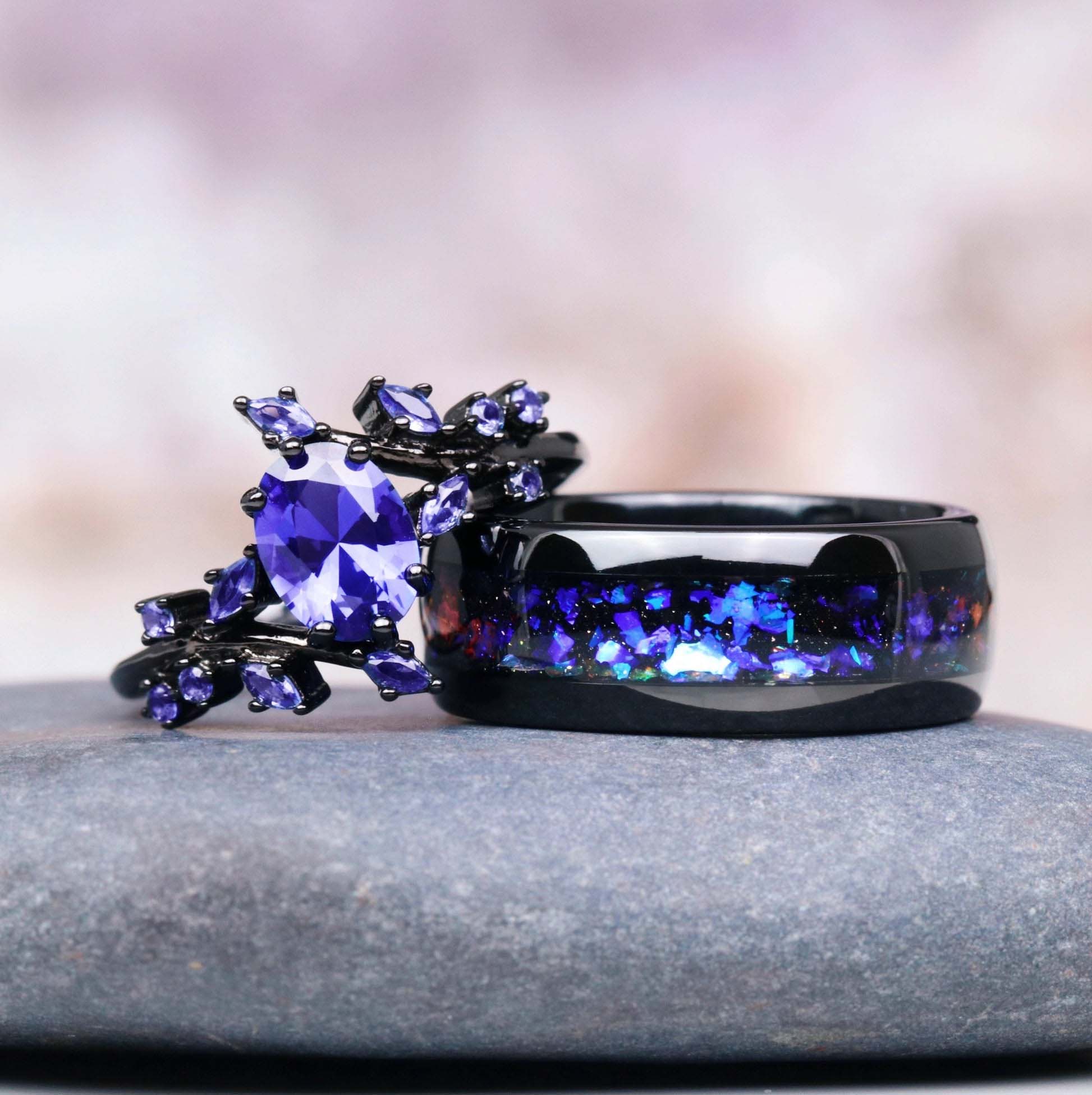 Partner ring set - cornflower sapphire & galaxy black