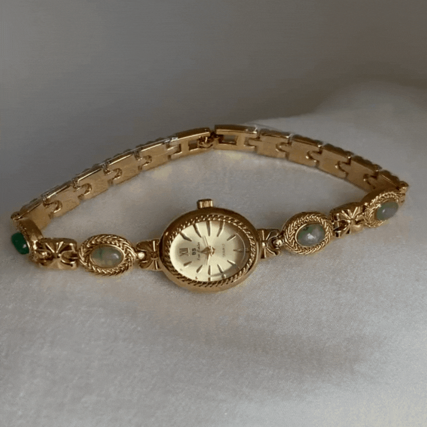 Green Jade Inlay Watch – Gold Bracelet with Oval Quartz Dial
