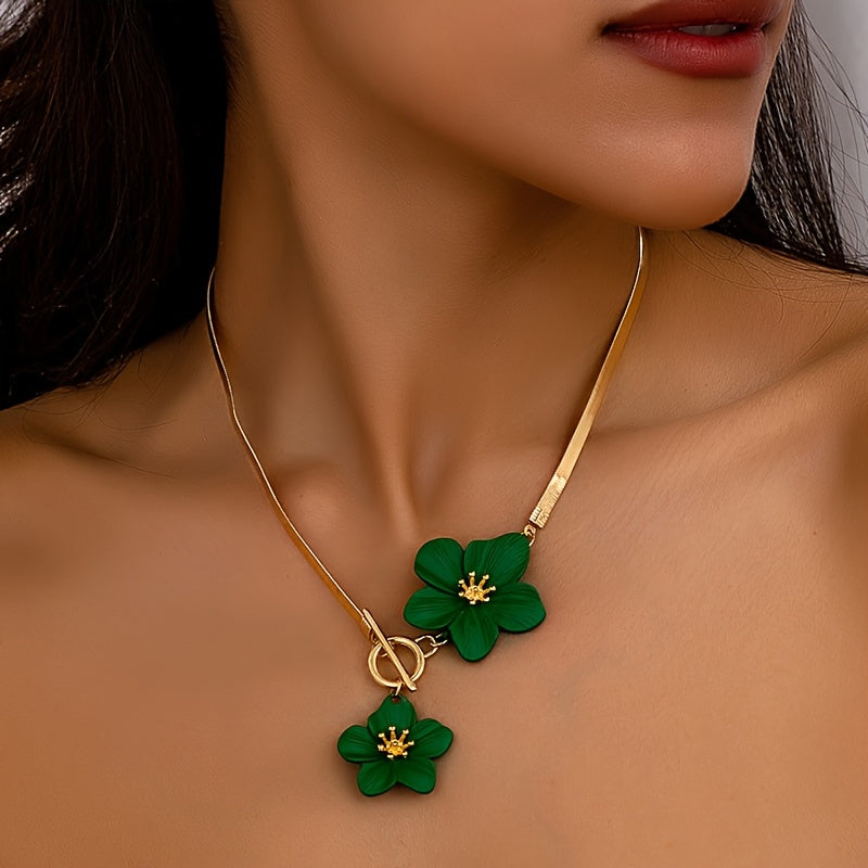 Elegant Golden-Tone Double White Floral Pendant Necklace