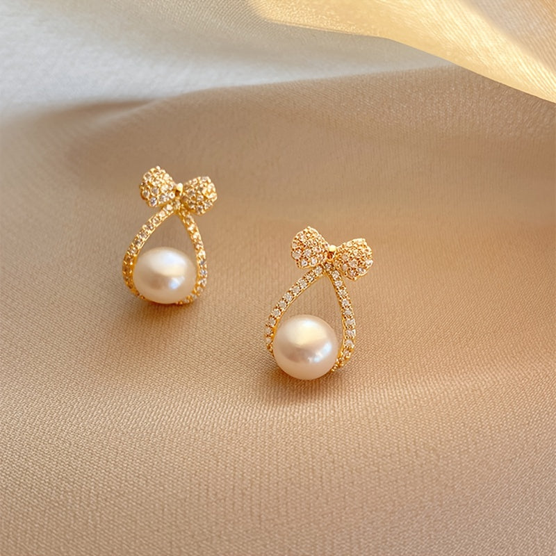 French Bow Earrings with Pearl and Crystals