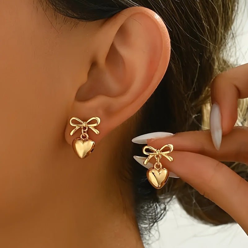 Bowed in Love Delicate Heart Dangle Earrings with Vintage Vibe
