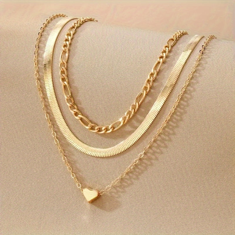 Layered Heart Charm Necklace – Retro Snake & Cuban Chains