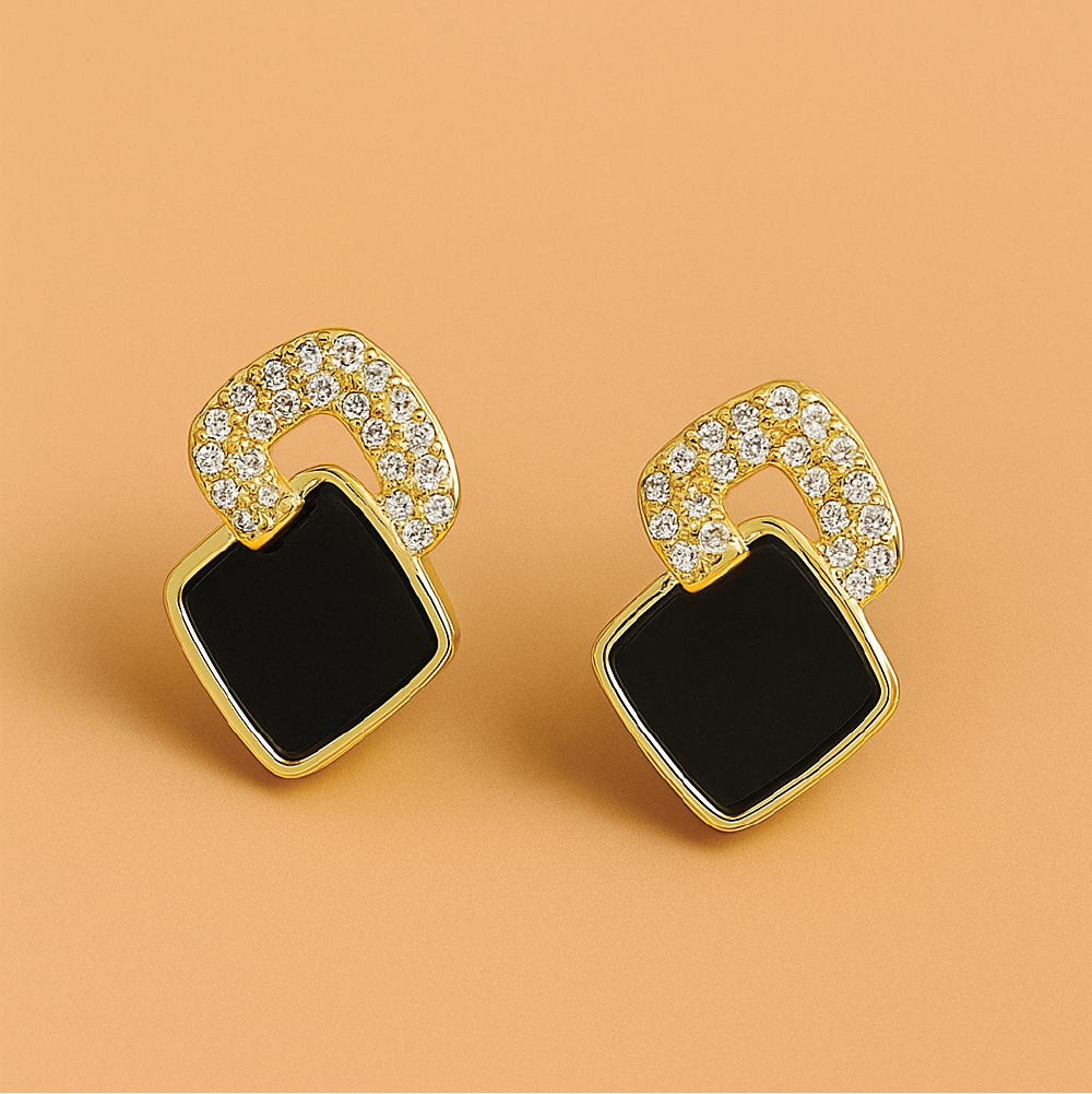 Elegant Black Square Stud Earrings with Glass Highlights