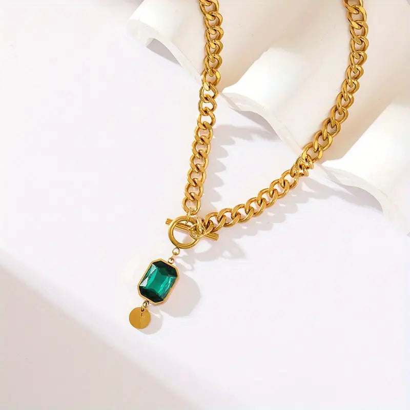 Necklace with Large Emerald Pendant | Gold